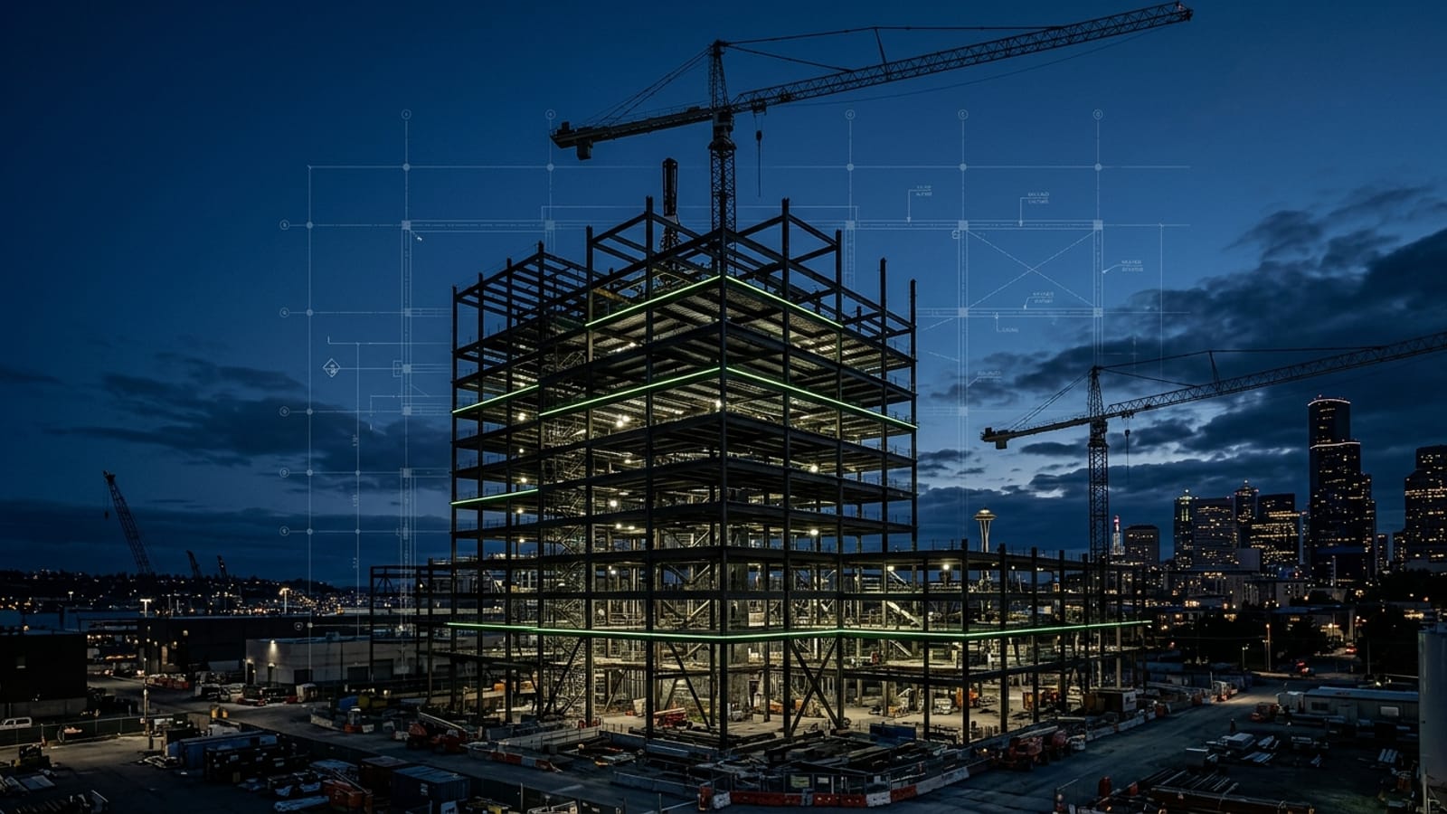 Steel-frame building under construction at twilight, tower cranes framing a city skyline with architectural blueprint overlays
