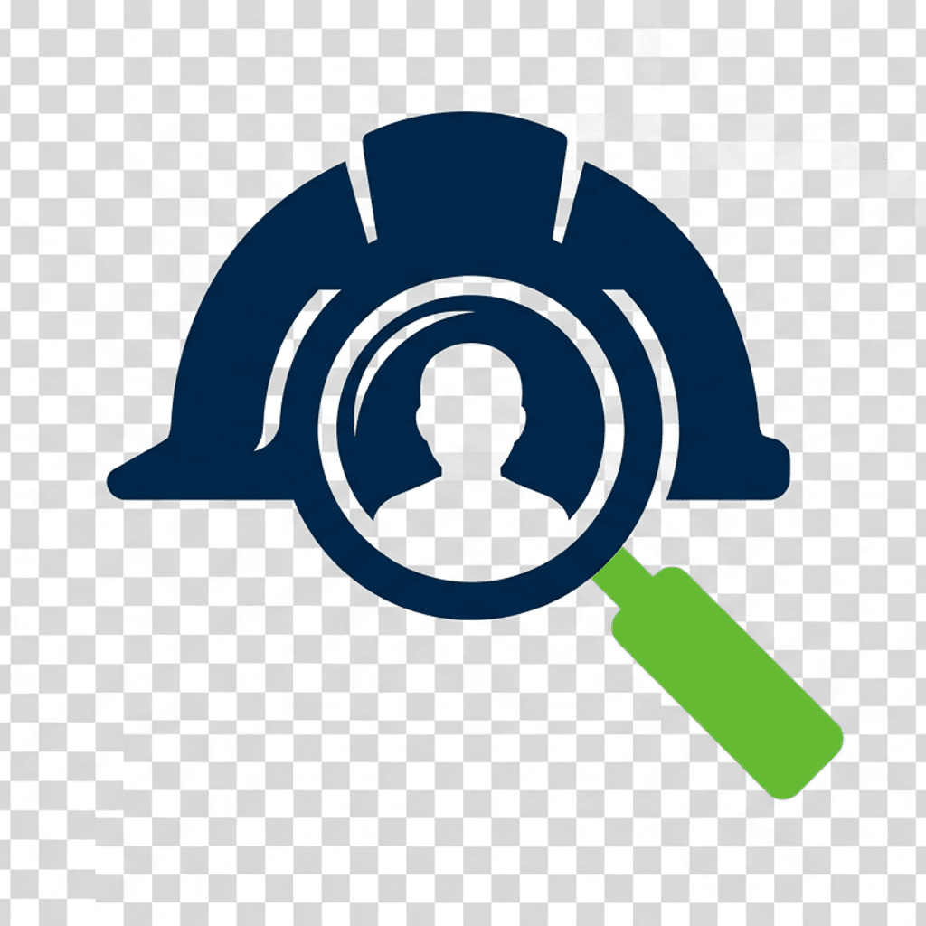 Seattle Construction Recruiters logo — a navy hard hat with a green magnifying glass revealing a talent profile